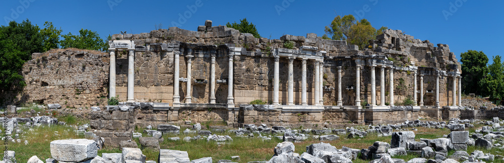 Side. Ancient ruins of the city in the province of Antalya region of Turkey.