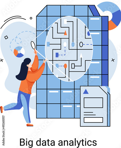 Big data analytics. Process of analyzing large and complex data sources to identify trends customer behavior metaphor and market preferences to make more effective business decisions, data exploration
