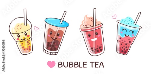 Bubble milk tea cups with cute faces, boba drink characters. Pearl milk drinks with tapioca pearls, cold summer boba smoothie vector set. Tasty asian plastic cups with refreshment and straws