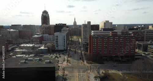 Lansing, Michigan skyline with state capitol building. Drone video moving in. photo