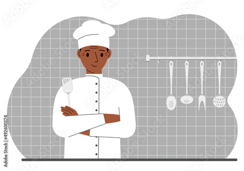 Happy cook man holds a kitchen spatula in his hand. Vector
