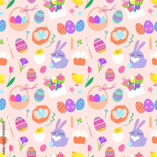 Easter doodles seamless pattern with bunny, painted egg and flowers. Cute chicks, eggs in basket, blossoms, spring holiday vector texture. Festive objects, adorable animals flat fabric