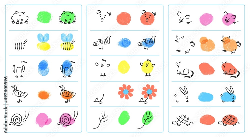 Easy fingerprint animals for kids, finger paint art game. Painting with fingers cat, snail, bee, preschool educational activity vector set. Kindergarten learning activity for children Stock Vector | Adobe Stock Easy fingerprint animals for kids, finger paint art game. Painting with fingers cat, snail, bee, preschool educational activity vector set. Kindergarten learning activity for children Stock Vector | Adobe Stock