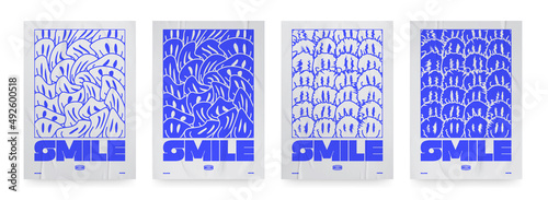Collection of modern minimalistic abstract posters with trip smile. In Acid style, paper texture poster for your projects