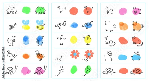 Easy fingerprint animals for kids, finger paint art game. Painting with fingers cat, snail, bee, preschool educational activity vector set. Kindergarten learning activity for children photo