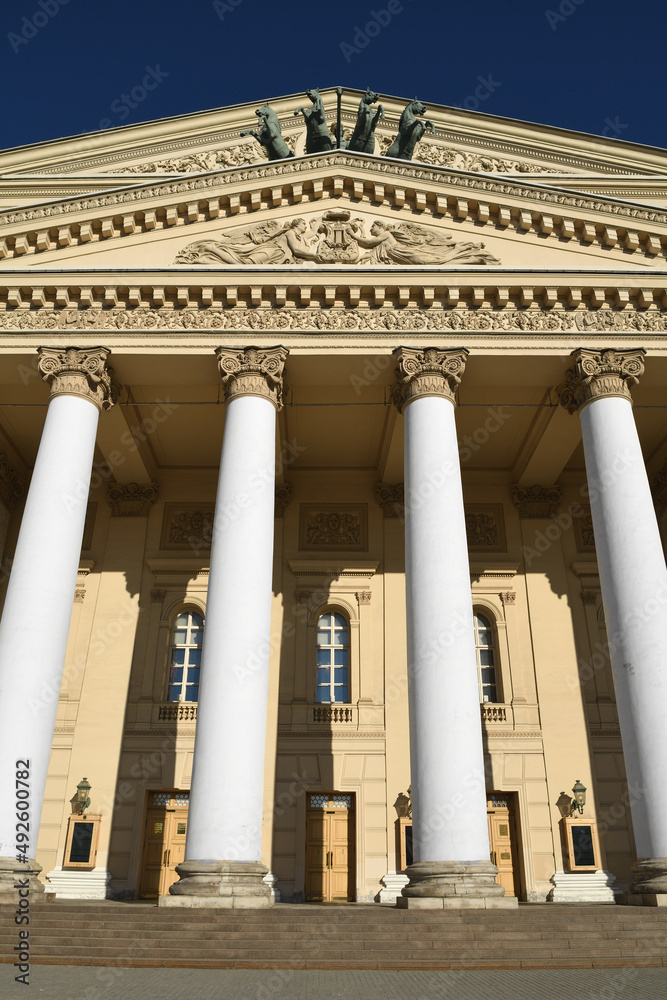 Moscow in March 2022. Bolshoi Theatre facade, historic theatre, designed by architect Joseph Bove, which holds performances of ballet and opera Moscow in March 2022. Bolshoi Theatre facade, historic theatre, designed by architect Joseph Bove, which holds performances of ballet and opera