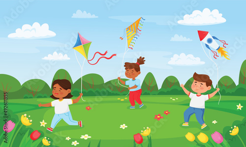 Cartoon kids playing with flying kites in summer park. Children holding kite and running on meadow, having fun outdoor vector illustration. Happy character playing on lawns, leisure time