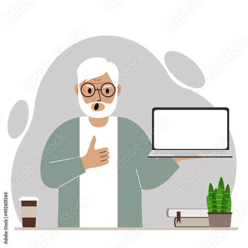 A grandfather holds a laptop computer on his hand and shows a thumbs up sign. Laptop computer technology concept. Vector