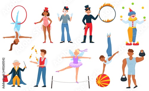Circus performers, magician, clown, juggler, acrobat, strongman. Aerial acrobats, animal trainer with fire ring, carnival performer vector set. Characters in costumes in entertainment show