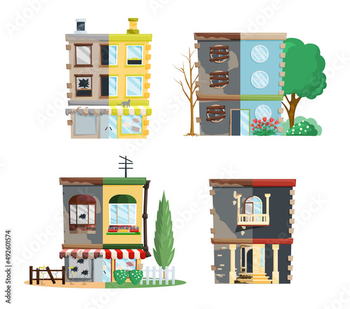Home renovation, house before and after repair. New and old suburban cottage. Remodel construction. Old run-down house remodeled into cute traditional suburban cottage. Building maintenance service