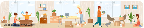 Family moving to new house, people moving to new house, carrying things to apartment, changing place of residence, relocation. Unpacking things after shipping, decorating home. Rental of premises