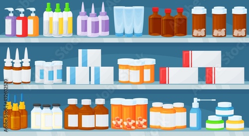 Cartoon pharmacy shelves with medical products and pill bottles. Medicines, medical drugs on drugstore shelf or showcase vector illustration. Medication assortment for healthcare, shop with remedies