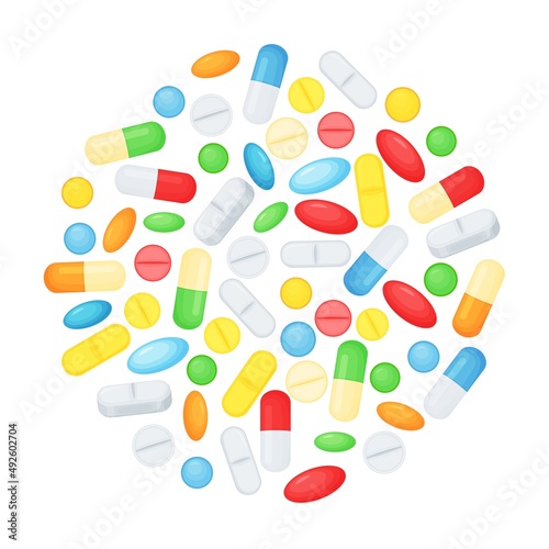 Cartoon pills in circle shape, medical capsules and tablets. Vitamins and antibiotics, different medications, healthcare vector background. Various medication, illness or disease treatment