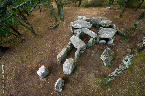 Print op canvas The Neolithic prehistoric dolmen burial chamber of Mane Groh near village of Crucuno, Brittany, France