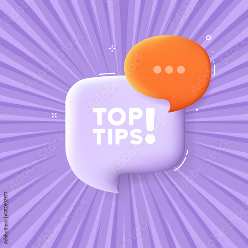 Top tips. Speech bubble with Top tips text. 3d illustration. Pop art style. Vector line icon for Business and Advertising