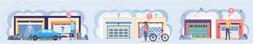 Selection of storage, place for transport inside house. Set of illustrations about people looking for modern garage. Place with automatically opening doors for parking different types of transport