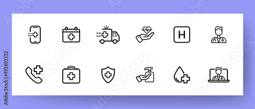 Help icons set. Ambulance, donation, disinfection and call for help icons. Medical care concept. Vector EPS 10