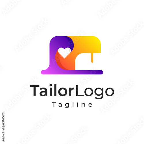 Logotype Sewing gradient color for company, repair of clothes, sewing to order, sale of sewing equipment, sewing machine rent, sale, repair of houses. Logo vector illustration