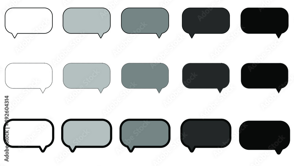 set of blank white, grey, and black square speech bubble, frame talk, chat box, speak ballon, thinking balloon on white background
