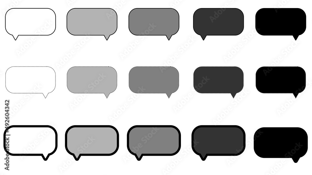 set of blank white, grey, and black square speech bubble, frame talk, chat box, speak ballon, thinking balloon on white background set of blank white, grey, and black square speech bubble, frame talk, chat box, speak ballon, thinking balloon on white background