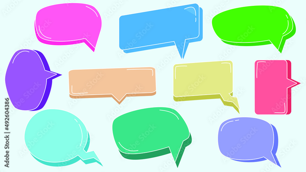 set of colorful speech bubble, conversation box, chat box, thought balloon, thinking balloon isolate on blue background set of colorful speech bubble, conversation box, chat box, thought balloon, thinking balloon isolate on blue background