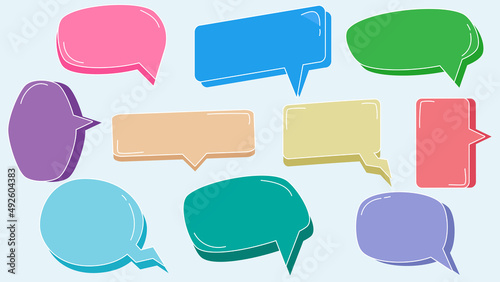 set of colorful speech bubble, conversation box, chat box, thought balloon, thinking balloon isolate on blue background