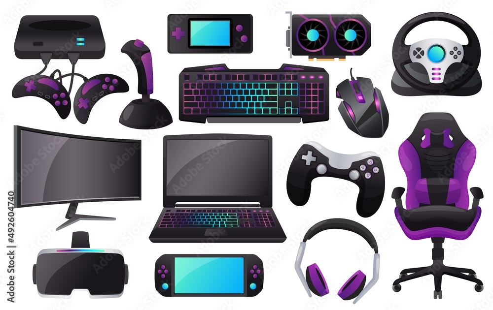 Cartoon gaming accessories, professional gamer gear and equipment. Monitor,  headphone, keyboard, vr headset, gaming peripherals vector set. Virtual  reality devices, steering wheel and laptop Stock-Vektorgrafik | Adobe Stock