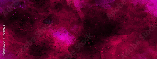 Abstract night sky space watercolor background with stars. Watercolor dark red-pink nebula universe. Watercolor hand-drawn space galaxy illustration. Pink watercolor ombre leaks and splashes texture.