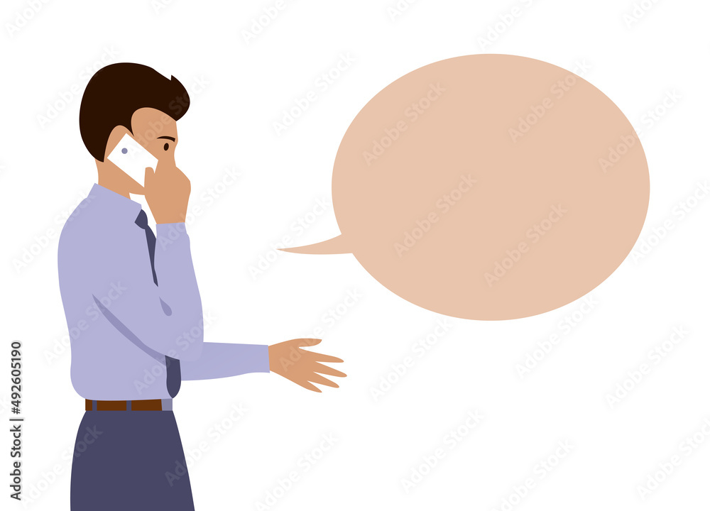 Young businessman is discussing business on the phone. Bubble with place for text. Flat vector illustration isolated on a white background Young businessman is discussing business on the phone. Bubble with place for text. Flat vector illustration isolated on a white background