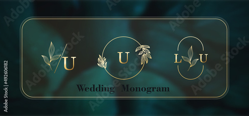 U letter banner. Minimalism design. Botanical background. Wedding monogram. Graphic alphabet symbol for corporate business identity. Vector line icon for Business and Advertising letter banner