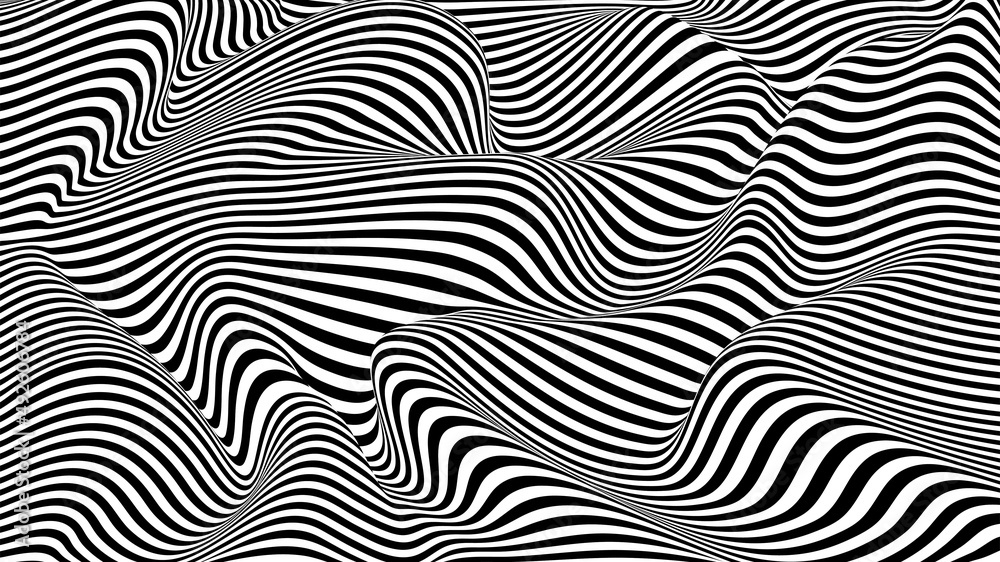 Vector optical illusion with black and white lines. Abstract curve wave background.