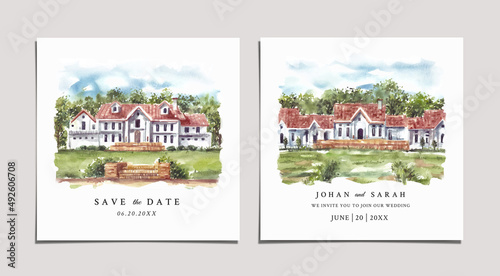 Watercolor wedding invitation of nature landscape with beautiful house and trees 