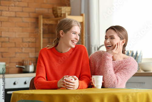 Young sisters drinking tea ...