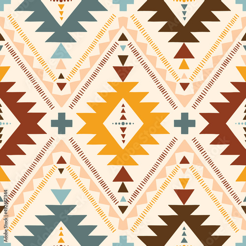Hand Drawn Earthy Tones Tribal Vector Seamless Pattern. Navajo Graphic Print. Aztec Geometric Background. Ethnic Boho Eye Dazzler Design perfect for Textiles, Fabric photo
