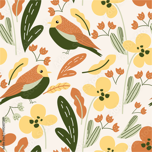 Seamless spring pattern with flowers, berries and leaves. Creative floral texture. Great for fabric, textile Vector Illustration