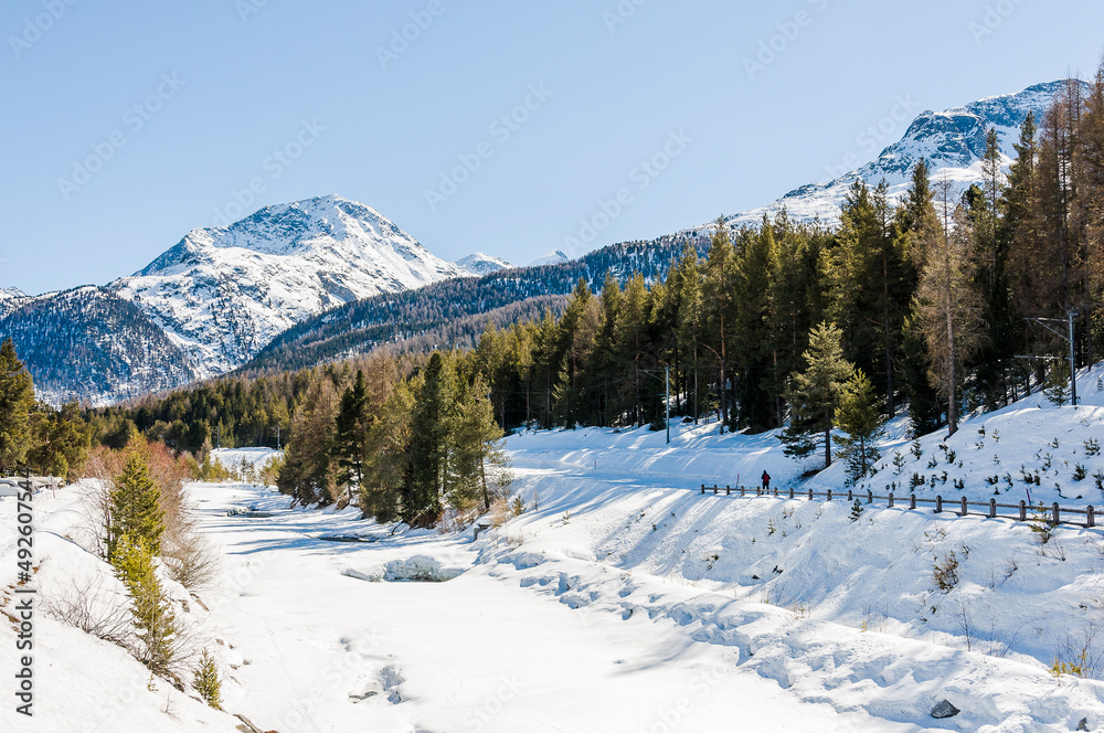 Pontresina, Berninabach, Berninapass, Val Bernina, Winter, Wintersport, Wanderweg, Langlauf, Langlaufloipe, Oberengadin, Graubünden, Alpen, Schweiz