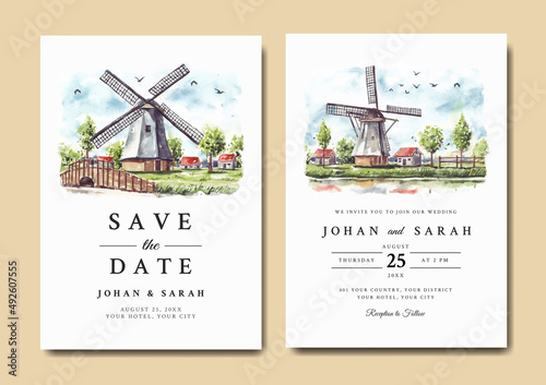 Watercolor wedding invitation of nature landscape with windmill and house