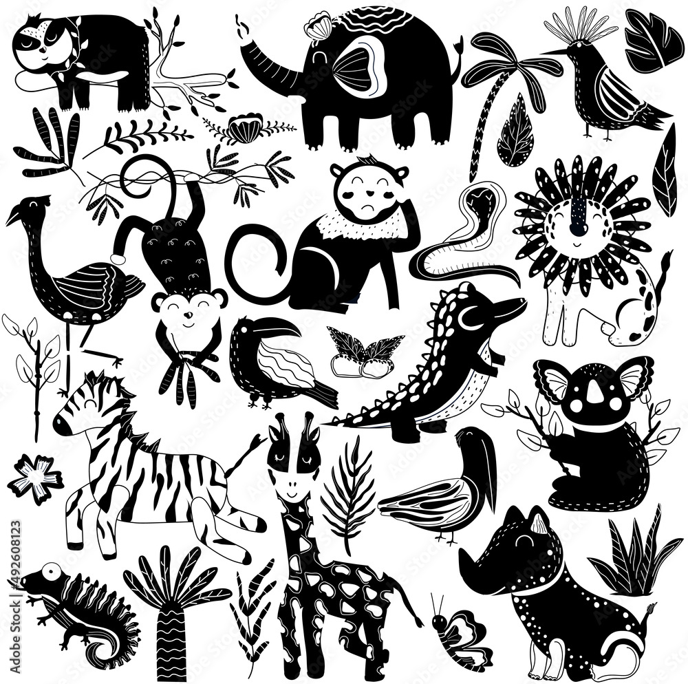 Set of black and white jungle animals and exotic tropical leaves. African animals, sloth, bird, elephant, koala, giraffe, flamingo, rhino, crocodile, monkey and palm trees. Cute animals. Vector. Set of black and white jungle animals and exotic tropical leaves. African animals, sloth, bird, elephant, koala, giraffe, flamingo, rhino, crocodile, monkey and palm trees. Cute animals. Vector.