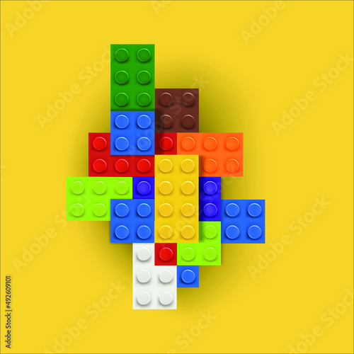 Vector realistic illustration of plastic bricks with assembly knots of popular toy isolated on yellow