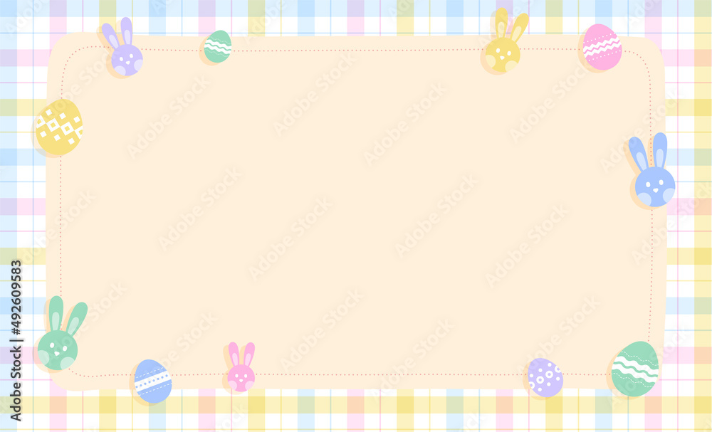 Cute Ornament Element Rainbow Pastel Happy Easter Egg Day Bunny Rabbit Pet Animal Plaid Gingham Pattern Paper Background Frame Border Blank note Vector Illustration Editable Stroke