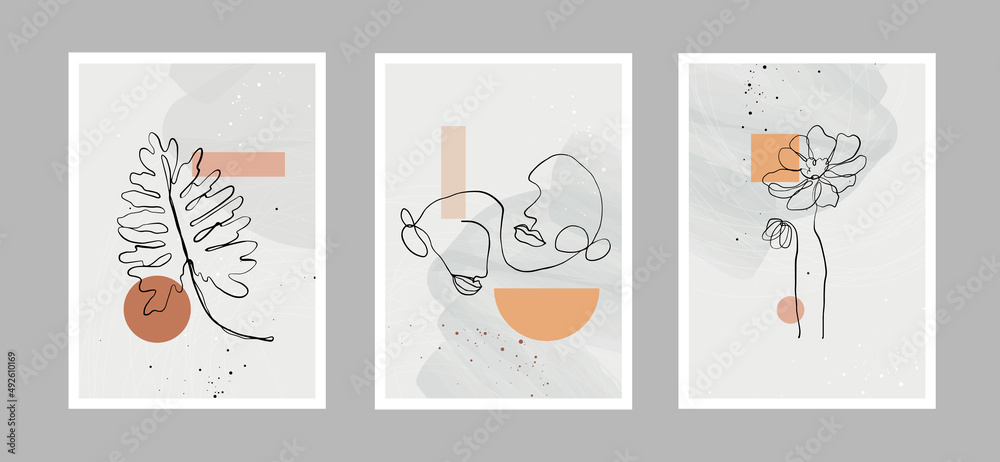 Modern abstract line minimalistic  women faces, flower, leaves and arts background with different shapes for wall decoration, postcard or brochure cover design. Vector design