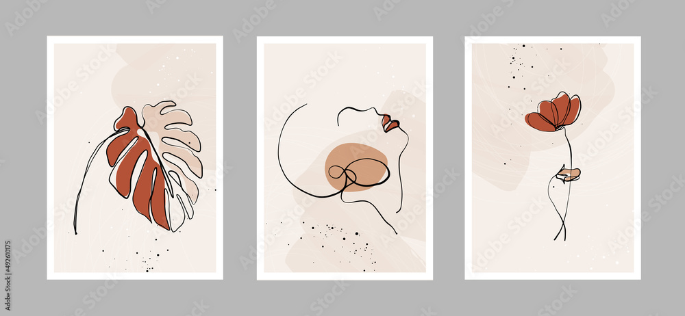 Modern abstract line minimalistic  women faces, flower, leaves and arts background with different shapes for wall decoration, postcard or brochure cover design. Vector design