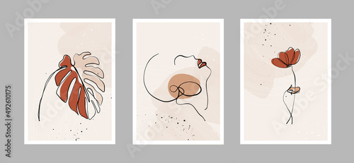Modern abstract line minimalistic  women faces  flower  leaves and arts background with different shapes for wall decoration  postcard or brochure cover design. Vector design