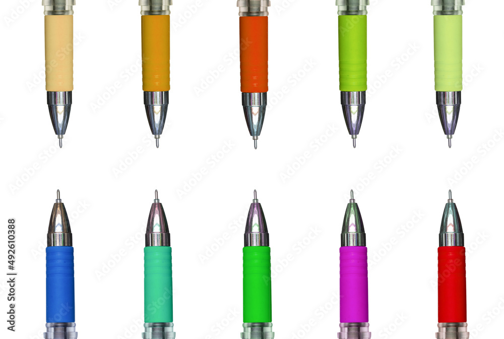 Fototapeta premium Ten Multi-Colored Pen Isolated on White Background.