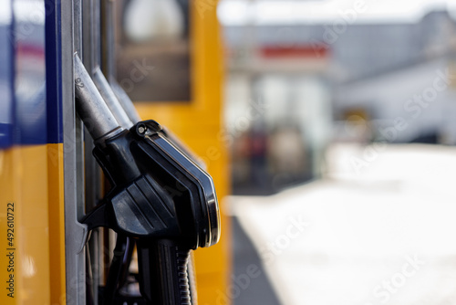Fuel gasoline dispenser background. Fuel pumps station copy space. photo