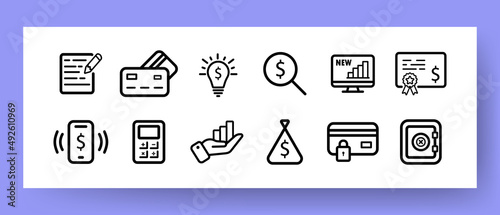 Accounting icons set. Financial report, portfolio, calculation and bank card icons. Business concept. Vector EPS 10