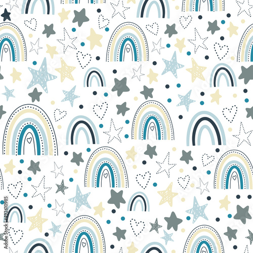 Seamless childish pattern with cute rainbow, stars, dots. Creative scandinavian kids texture for fabric, wrapping, textile, wallpaper, apparel. Vector illustration