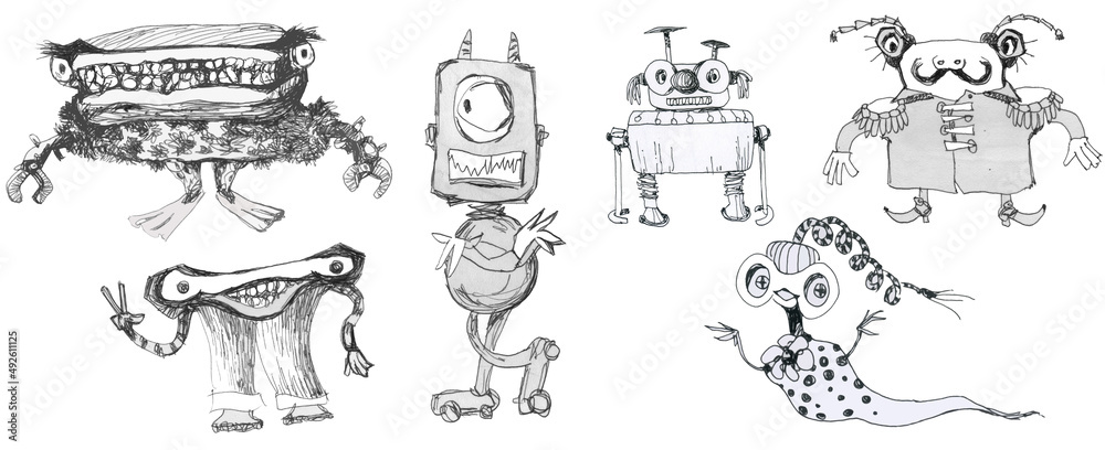 Robots squad in a row. Funny gang of characters. Ink drawing. Robots squad in a row. Funny gang of characters. Ink drawing.