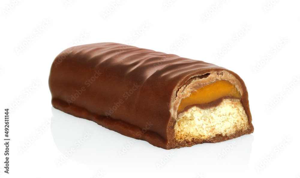 Broken chocolate bar with sweet filling isolated on white background Broken chocolate bar with sweet filling isolated on white background