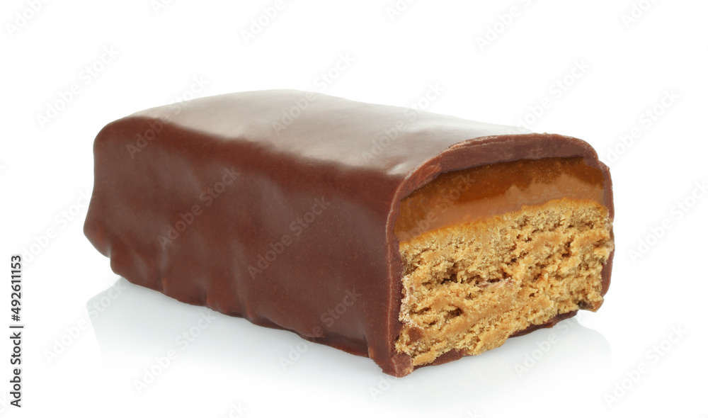 Broken chocolate bar with sweet filling isolated on white background Broken chocolate bar with sweet filling isolated on white background